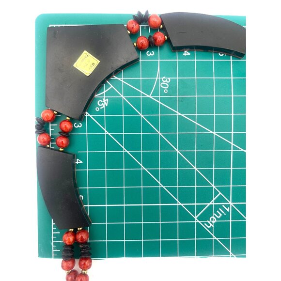 Handcrafted Red Coral Necklace Beaded Geometric Pendants Black Disk Philippines - Picture 7 of 8